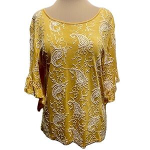 Forgotten Grace Women's Top Yellow 3/4 Sleeve White Lace Embroidered, Size XL